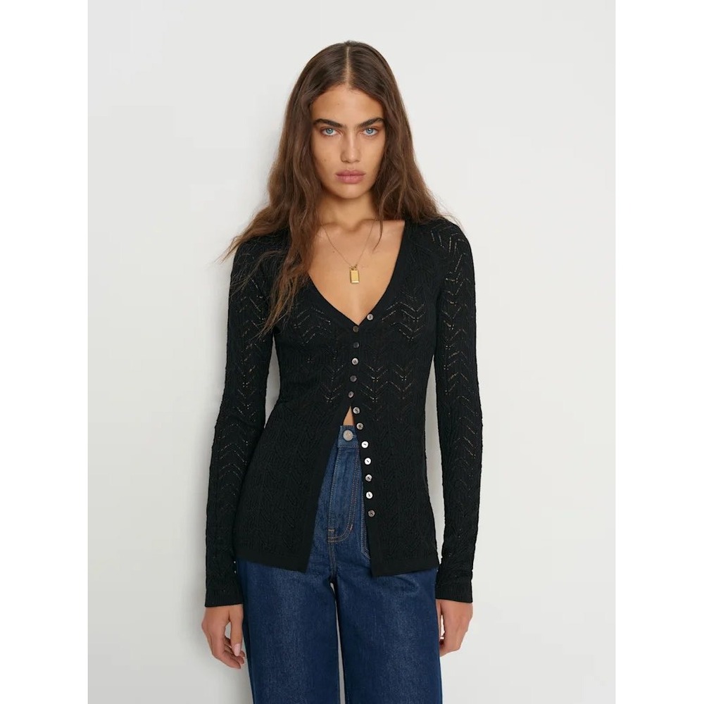 Reformation Sutton Regenerative Merino Open Knit Sweater Black Cardigan Medium